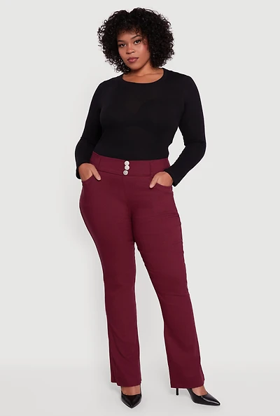 Womens Plus Size Faux Button Boot Cut Dress Pants, Burgundy, Size 3X