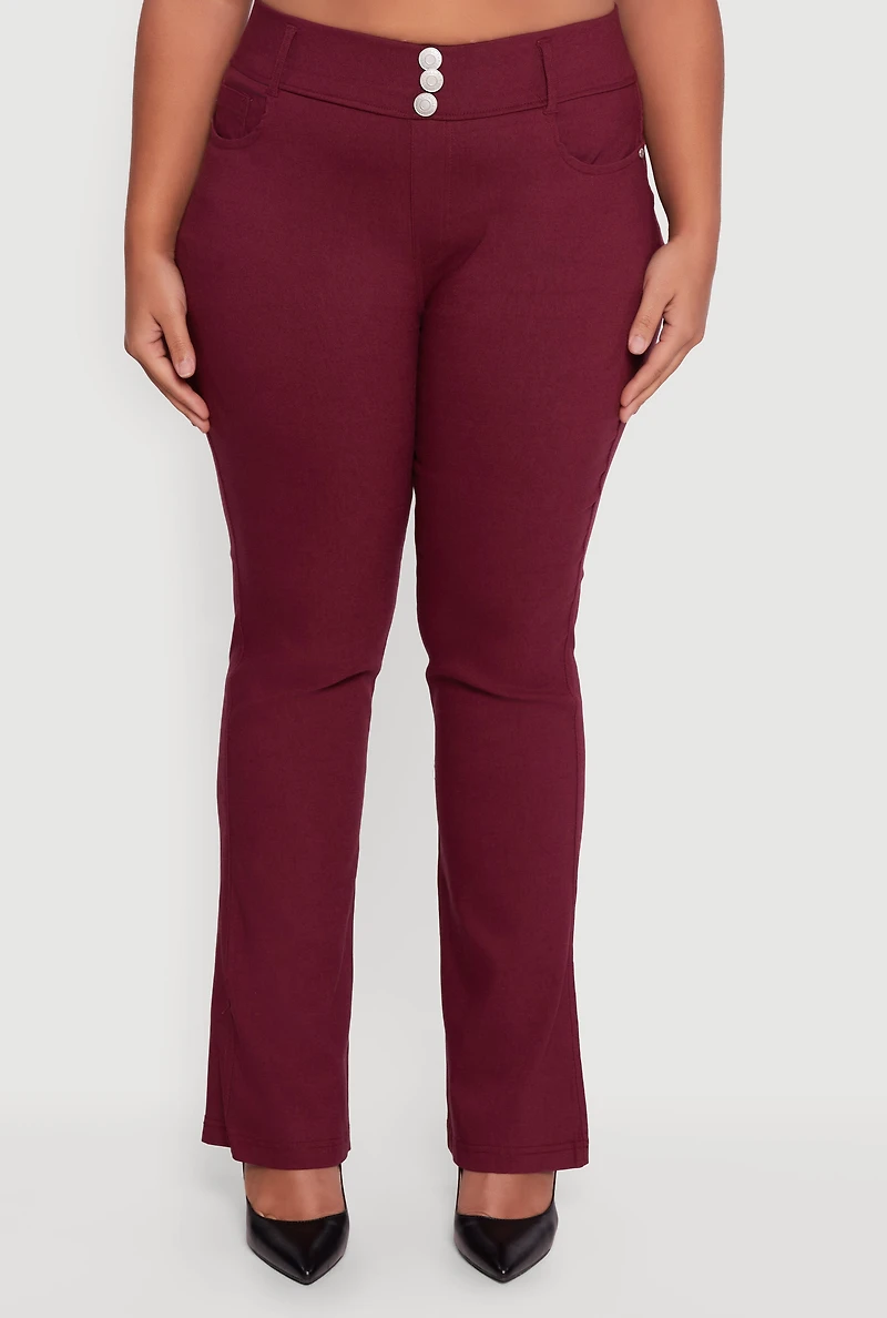 Womens Plus Size Faux Button Boot Cut Dress Pants, Burgundy, Size 3X