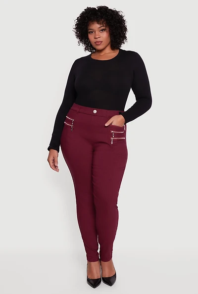 Womens Plus Size Faux Zip Pocket Pull On Dress Pants, Burgundy, Size 1X