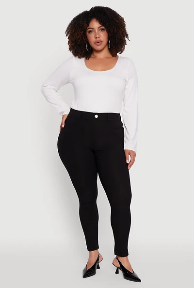 Womens Plus Size High Waisted Faux Button Pants, Black, Size 3X