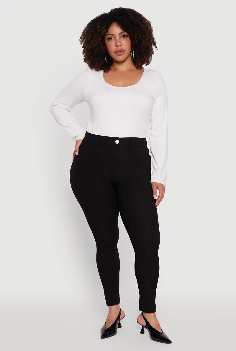 Womens Plus Size High Waisted Faux Button Pants, Black, Size 1X