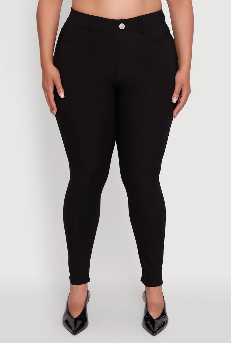 Womens Plus Size High Waisted Faux Button Pants, Black, Size 1X