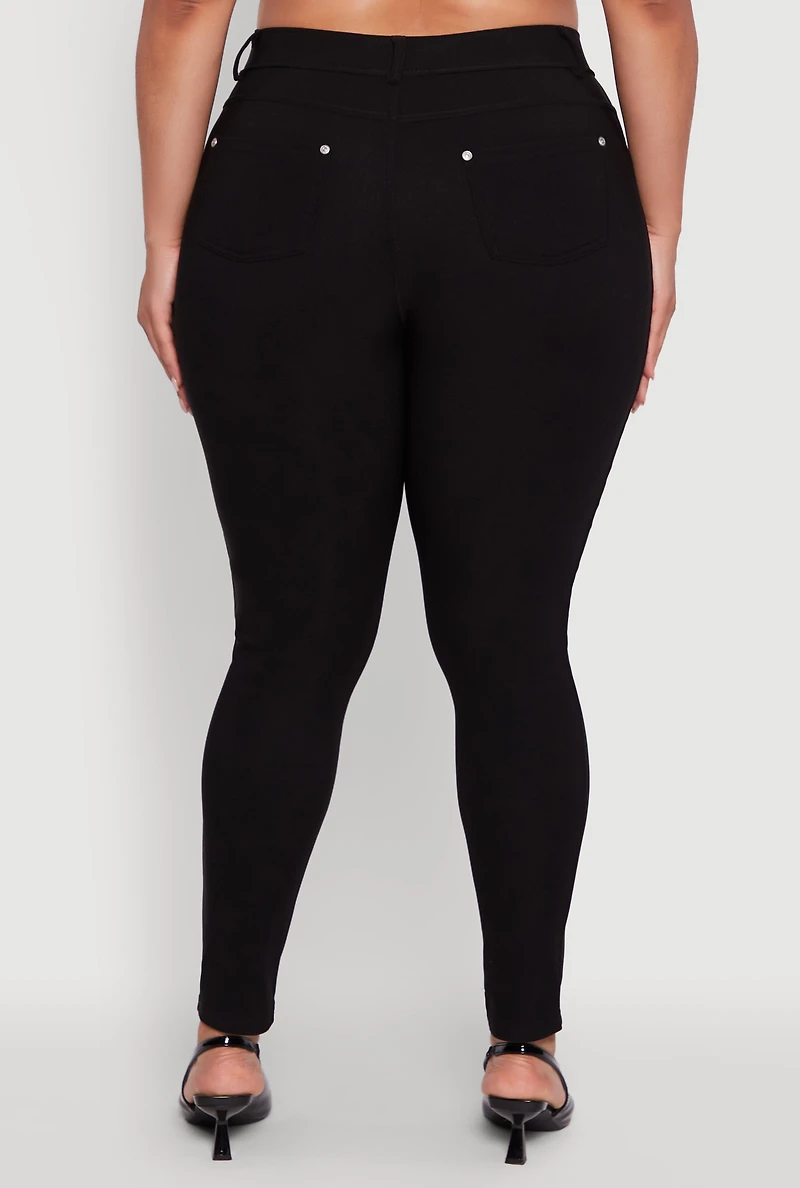 Womens Plus Size High Waisted Faux Button Pants, Black, Size 1X