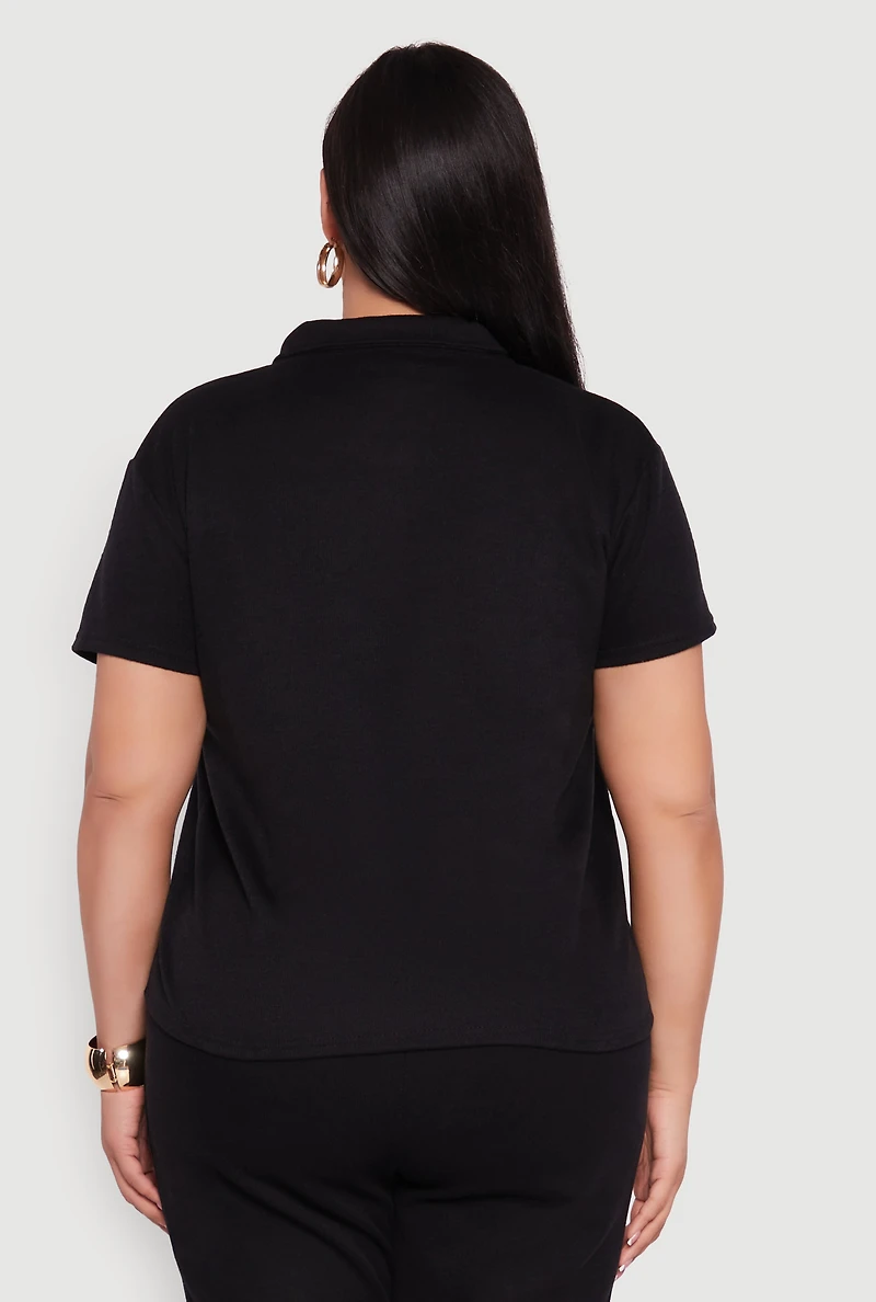 Womens Plus Size Fleece Button Front Shirt, Black, Size 2X