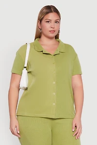 Womens Plus Size Fleece Button Front Shirt, Green, Size 1X