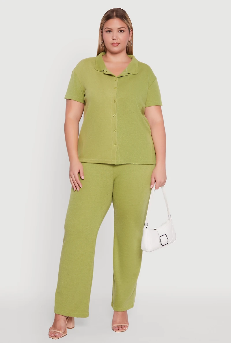 Womens Plus Size Fleece Button Front Shirt, Green, Size 1X