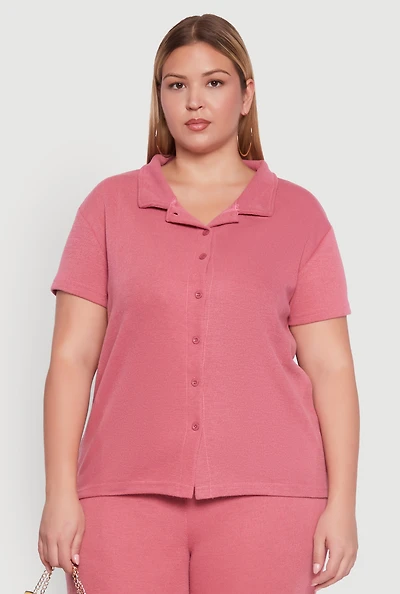 Womens Plus Size Fleece Button Front Shirt, Pink, Size 2X