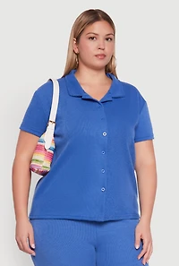 Womens Plus Size Fleece Button Front Shirt, Blue, Size 1X
