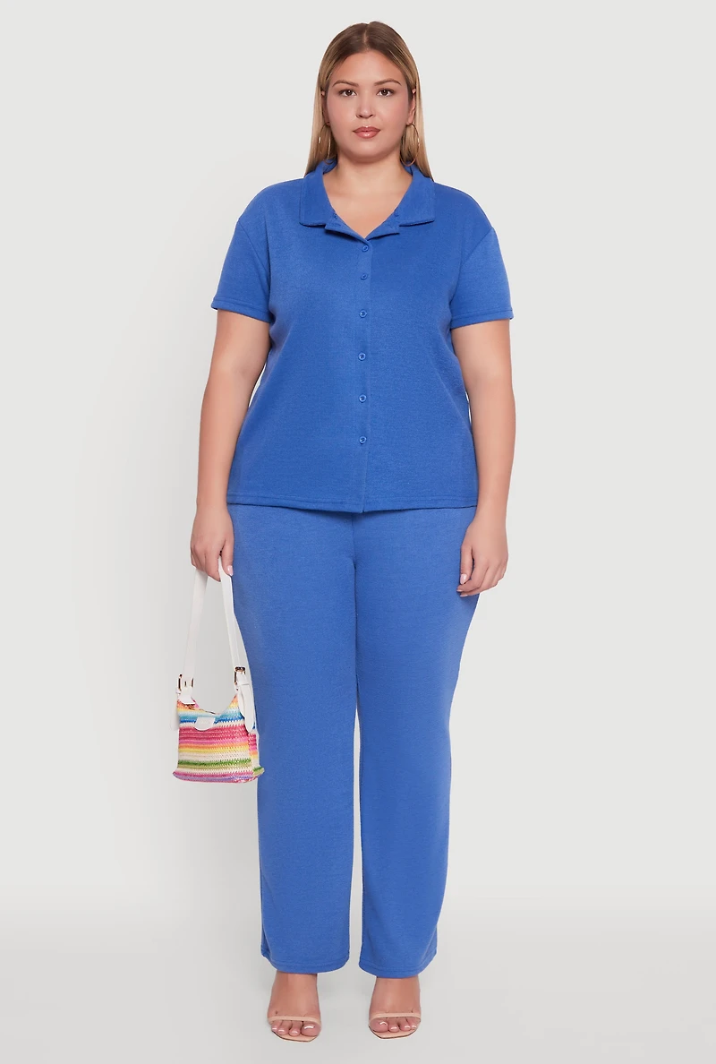 Womens Plus Size Fleece Button Front Shirt, Blue, Size 1X