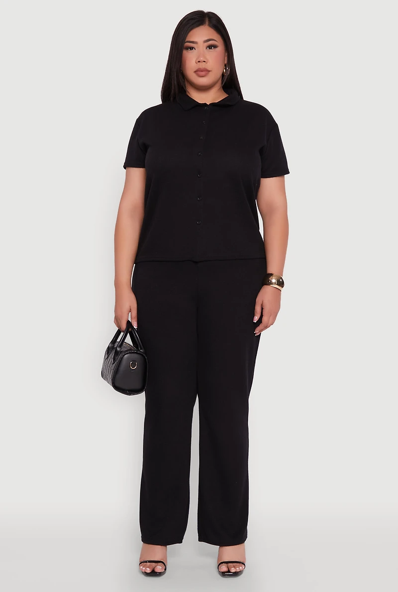 Womens Plus High Waisted Wide Leg Ribbed Knit Pants,