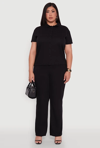 Womens Plus High Waisted Wide Leg Ribbed Knit Pants,