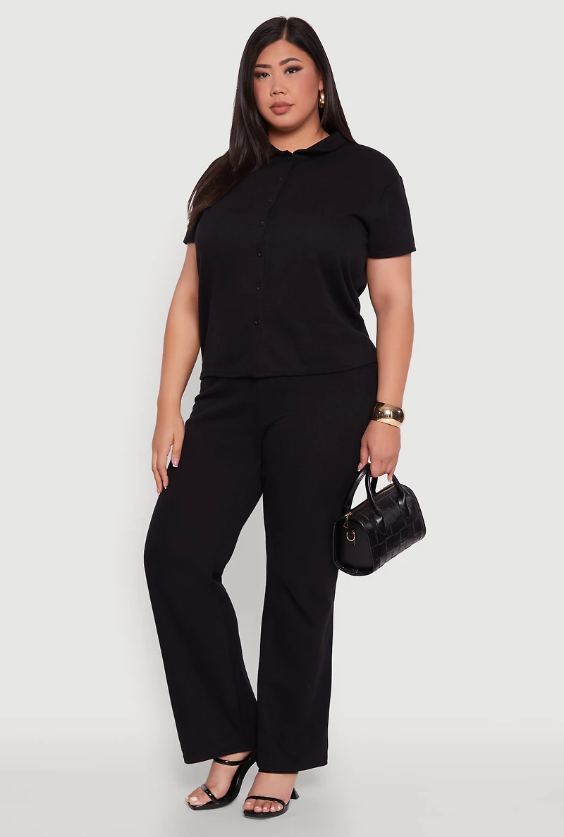 Womens Plus High Waisted Wide Leg Ribbed Knit Pants, 3X