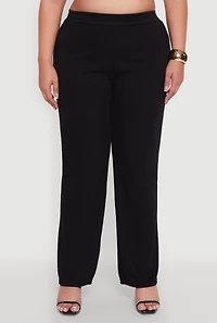 Womens Plus High Waisted Wide Leg Ribbed Knit Pants,