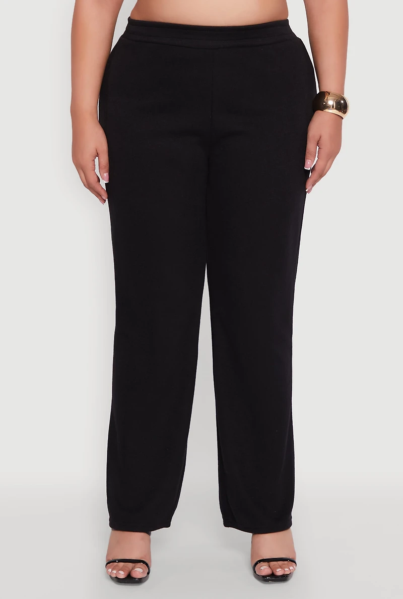 Womens Plus High Waisted Wide Leg Ribbed Knit Pants, 3X