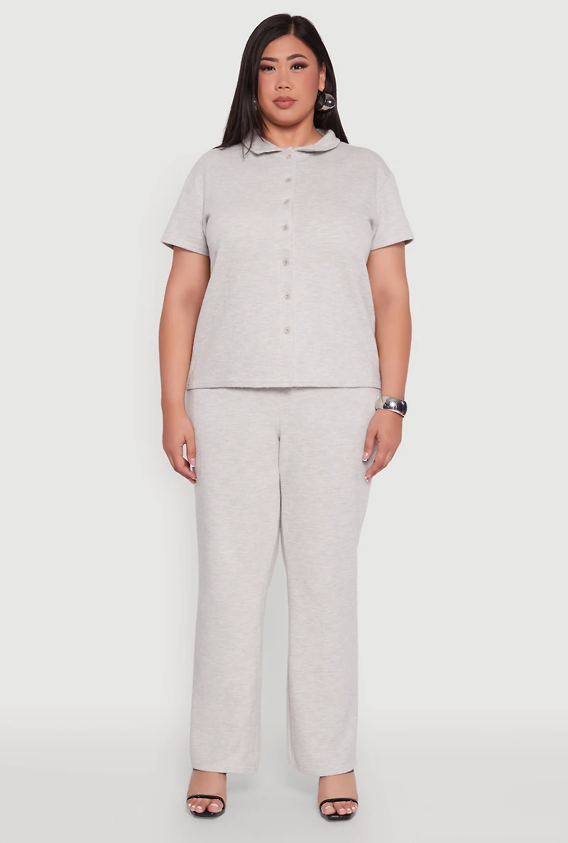 Womens Plus Size High Waisted Wide Leg Ribbed Knit Pants, Grey, Size 3X