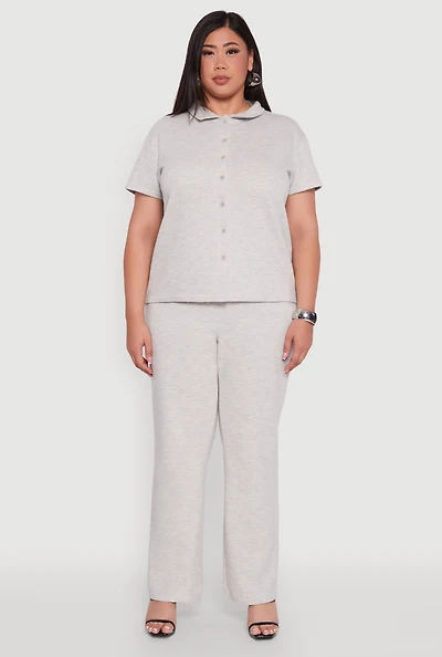 Womens Plus Size High Waisted Wide Leg Ribbed Knit Pants, Grey, Size 3X