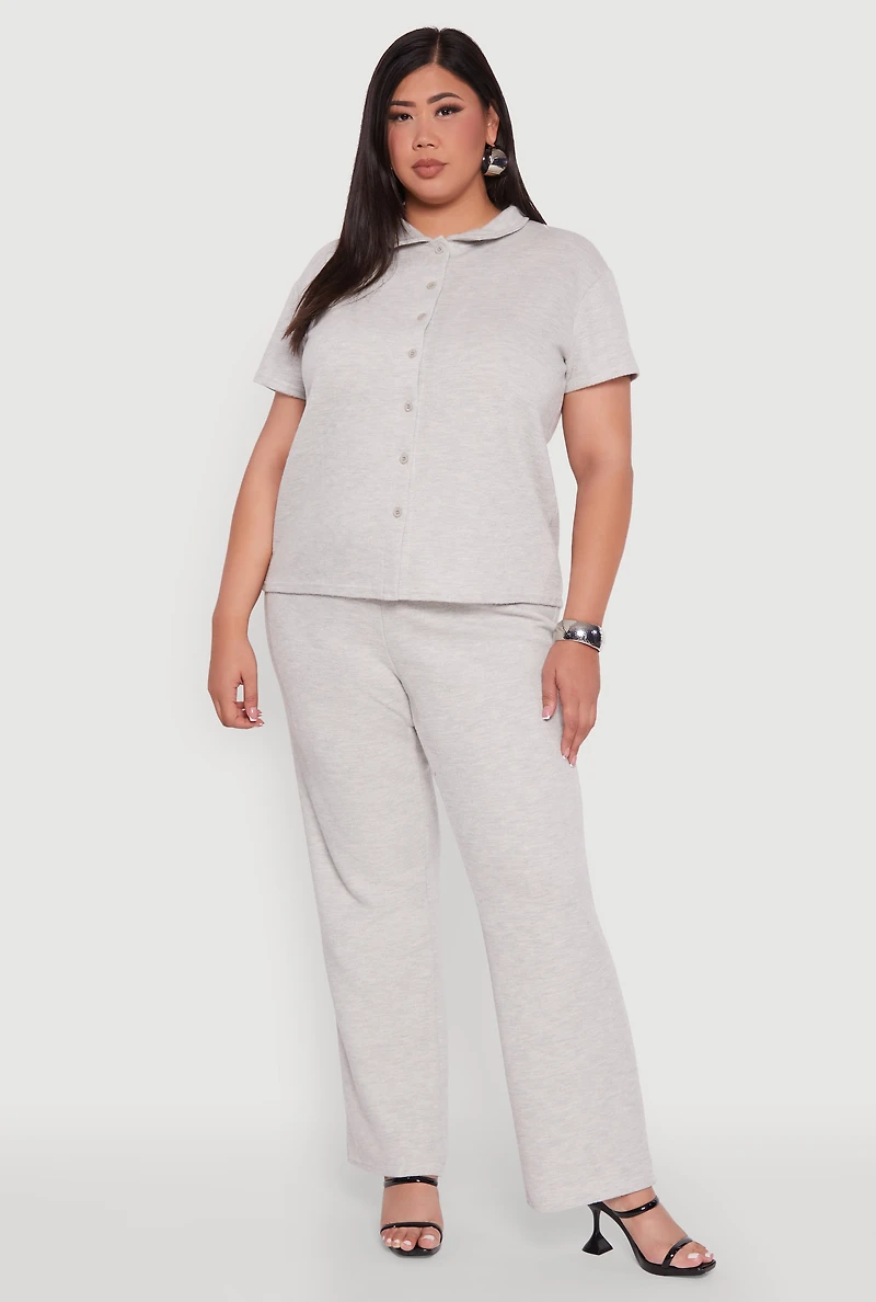 Womens Plus High Waisted Straight Leg Ribbed Knit Pants, Grey,