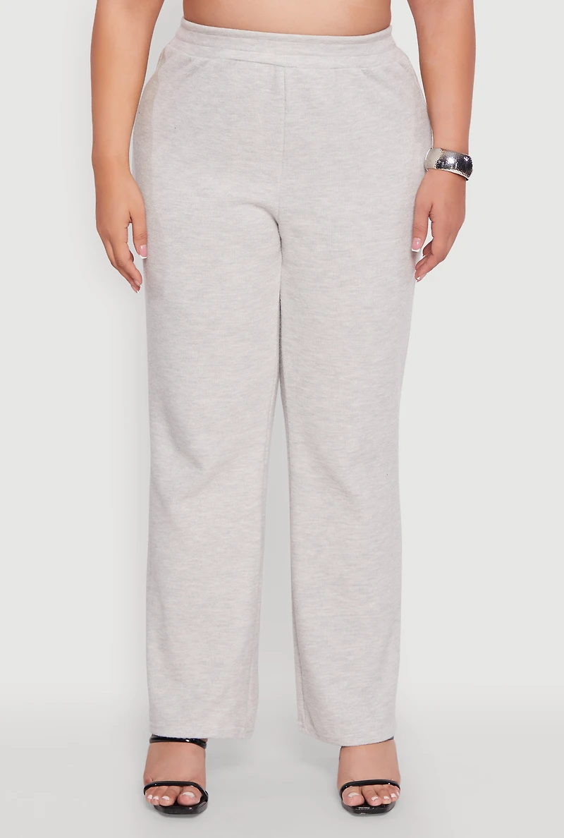 Womens Plus Size High Waisted Wide Leg Ribbed Knit Pants, Grey, Size 3X