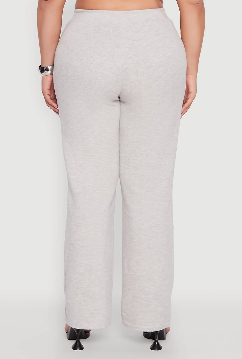 Womens Plus High Waisted Straight Leg Ribbed Knit Pants, Grey,