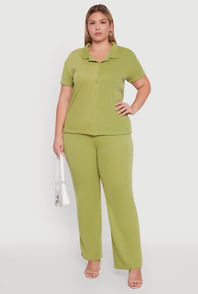 Womens Plus High Waisted Wide Leg Ribbed Knit Pants,