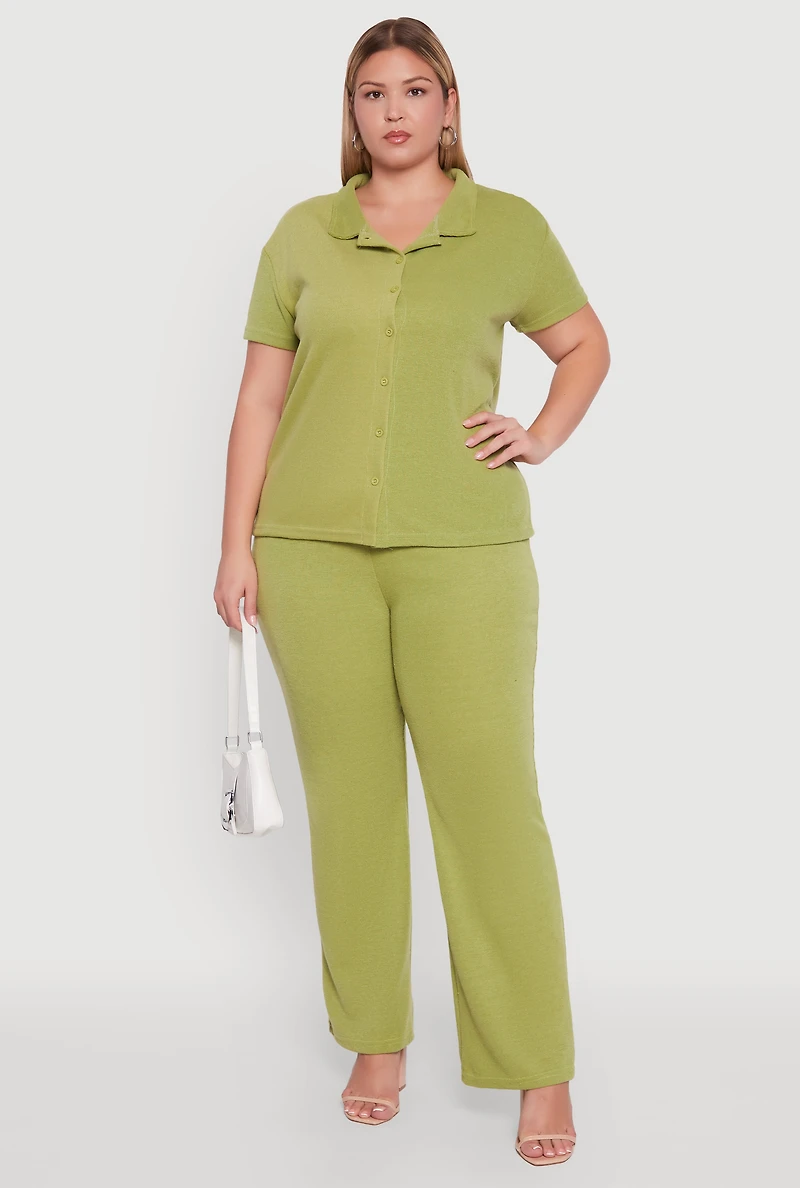 Womens Plus Size High Waisted Wide Leg Ribbed Knit Pants, Green, Size 2X