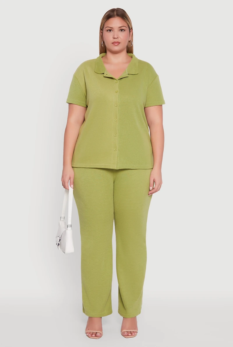 Womens Plus Size High Waisted Wide Leg Ribbed Knit Pants, Green, Size 2X