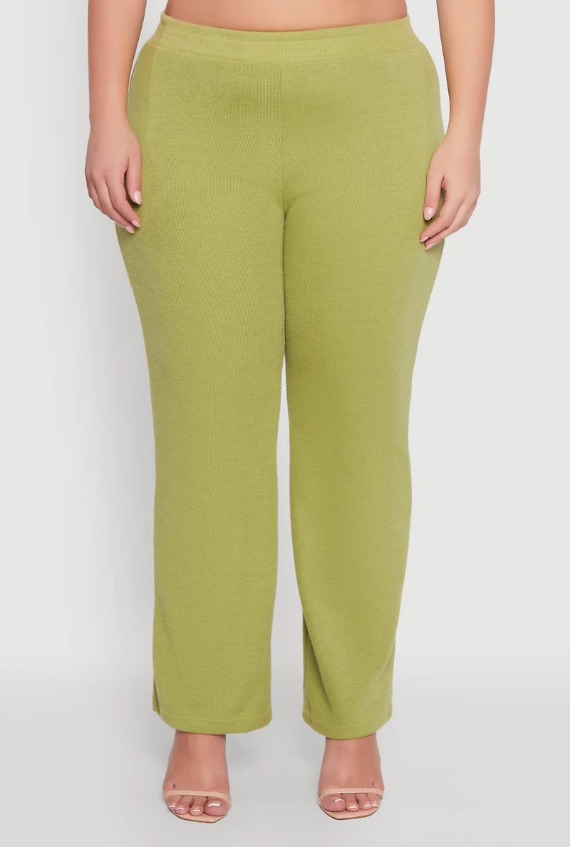 Womens Plus Size High Waisted Wide Leg Ribbed Knit Pants, Green, Size 2X
