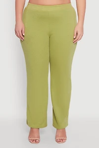 Womens Plus Size High Waisted Wide Leg Ribbed Knit Pants, Green, Size 2X