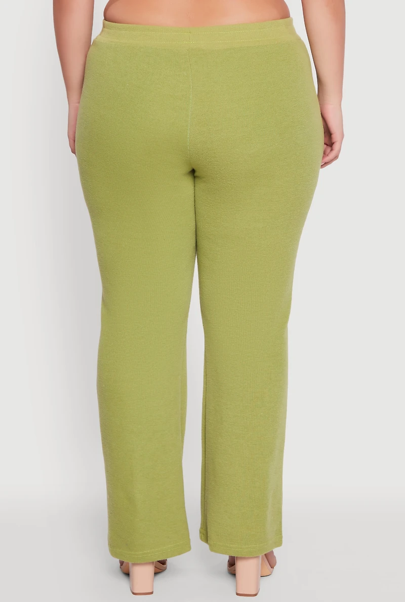 Womens Plus Size High Waisted Wide Leg Ribbed Knit Pants, Green, Size 2X