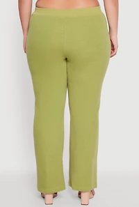 Womens Plus Size High Waisted Wide Leg Ribbed Knit Pants, Green, Size 2X