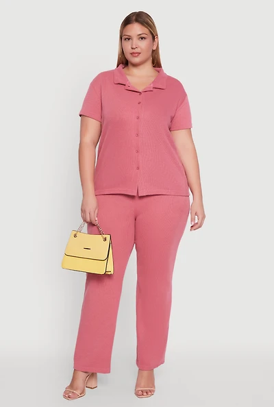 Womens Plus Size High Waisted Wide Leg Ribbed Knit Pants, Pink, Size 3X