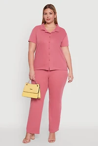 Womens Plus Size High Waisted Wide Leg Ribbed Knit Pants, Pink, Size 3X