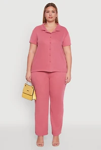 Womens Plus Size High Waisted Wide Leg Ribbed Knit Pants, Pink, Size 3X
