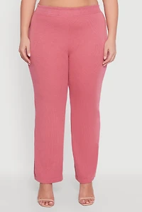 Womens Plus Size High Waisted Wide Leg Ribbed Knit Pants, Pink, Size 3X