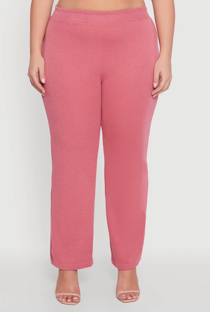 Womens Plus Size High Waisted Wide Leg Ribbed Knit Pants, Pink, Size 3X