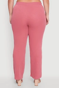 Womens Plus Size High Waisted Wide Leg Ribbed Knit Pants, Pink, Size 3X