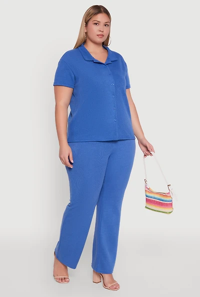 Womens Plus High Waisted Wide Leg Ribbed Knit Pants,