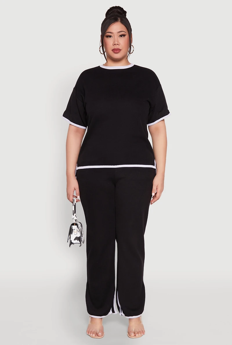 Plus Contrast Trim Brushed Knit Top