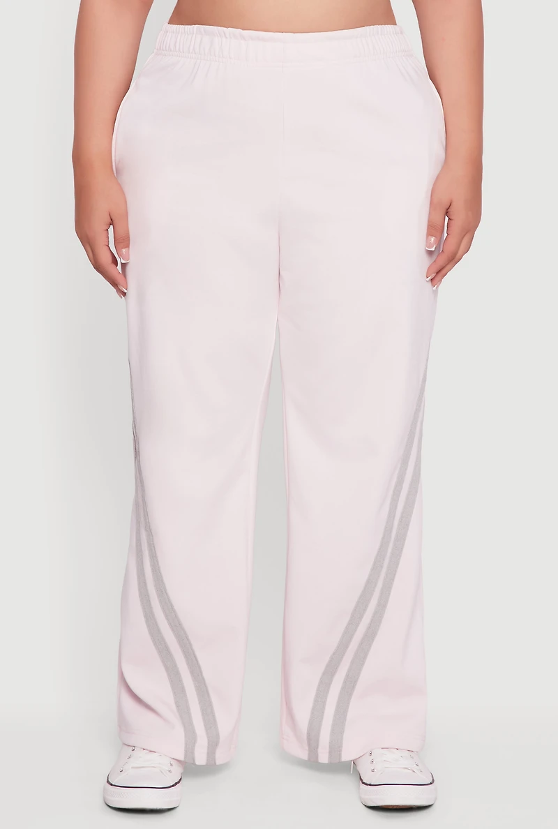Womens Plus Size Fleece Lined Varsity Striped Sweatpants, Pink, Size 2X