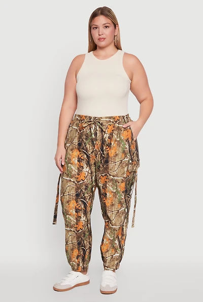 Womens Plus Size Forest Camo Drawstring Waist Cargo Joggers, Multi, Size 3X