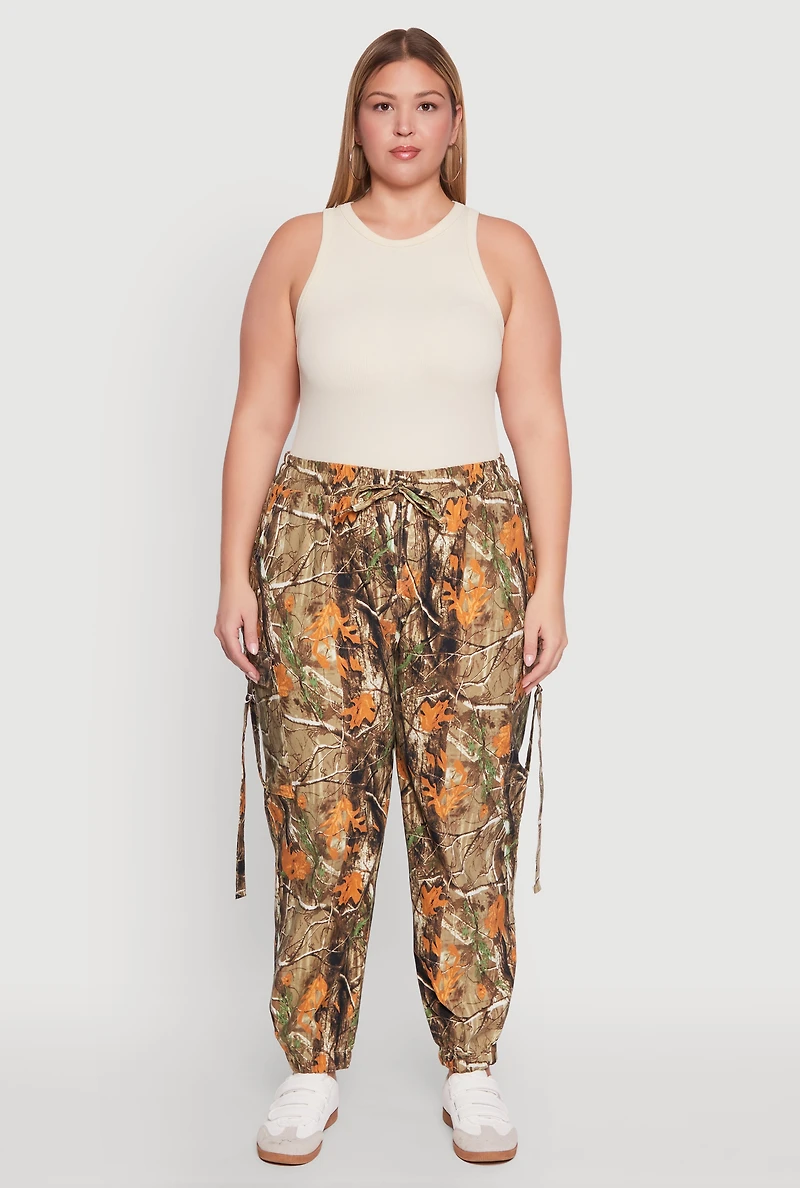 Womens Plus Forest Camo Drawstring Waist Cargo Joggers, Multi,
