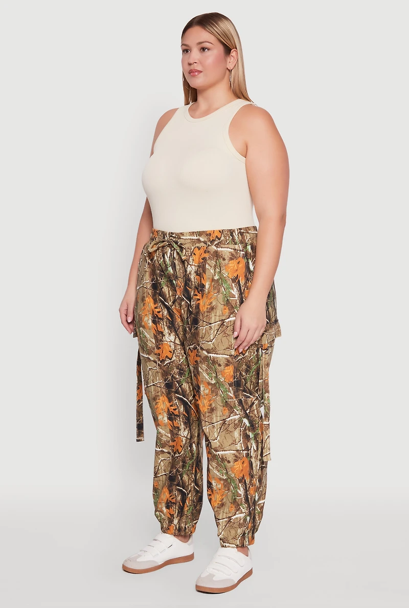 Womens Plus Size Forest Camo Drawstring Waist Cargo Joggers, Multi, Size 3X