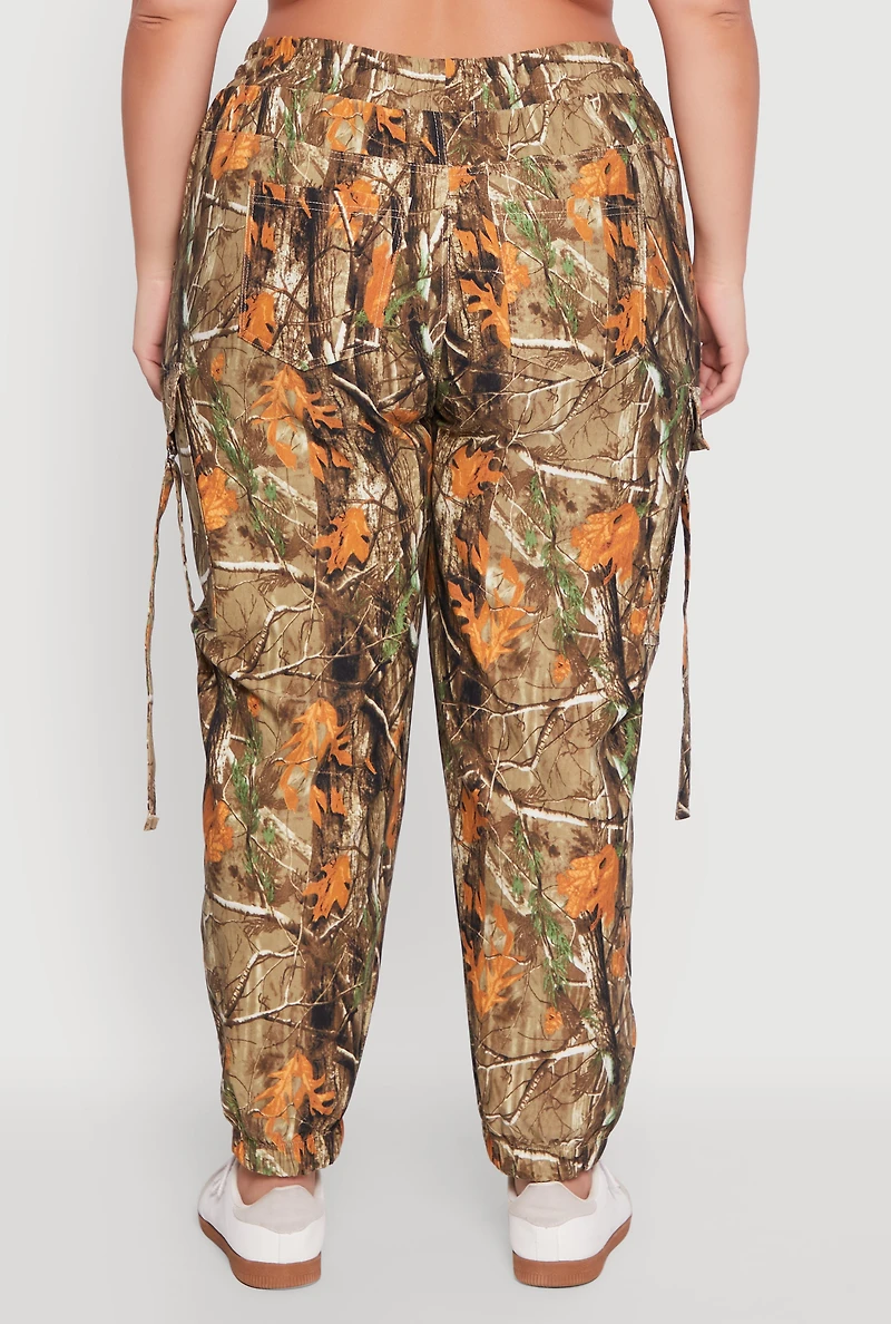 Womens Plus Forest Camo Drawstring Waist Cargo Joggers, Multi,