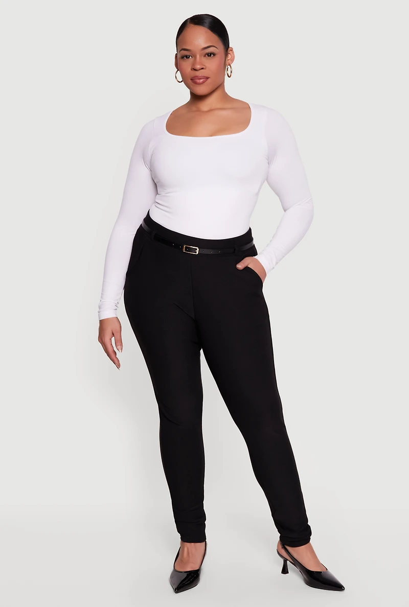 Plus High Waisted Belted Skinny Leg Dress Pants