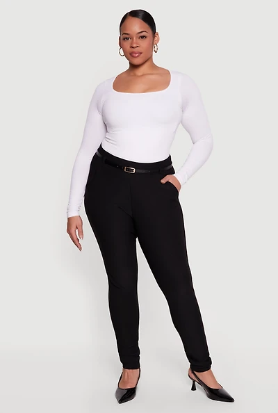 Plus High Waisted Belted Skinny Leg Dress Pants