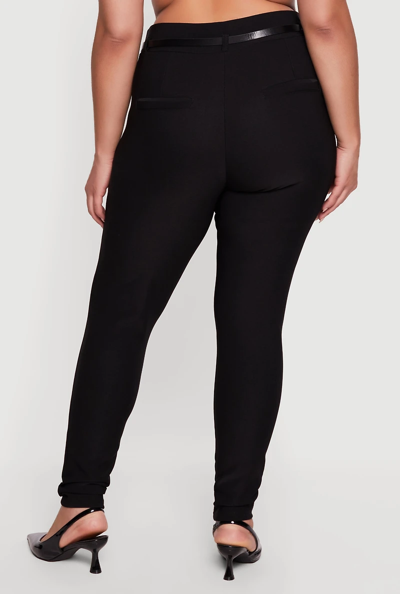 Plus High Waisted Belted Skinny Leg Dress Pants