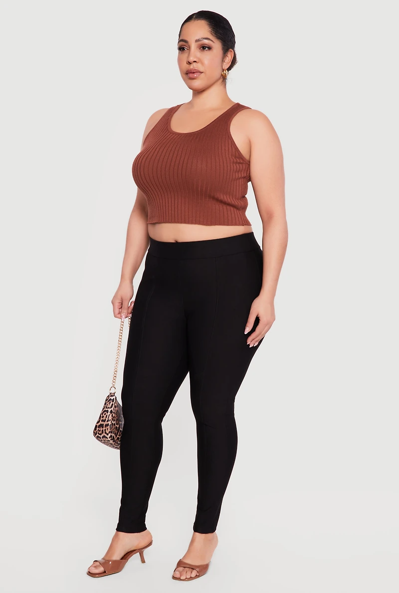 Plus Ponte High Waisted Pintuck Pull On Pants