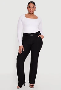 Plus Belted High Waisted Dress Pants