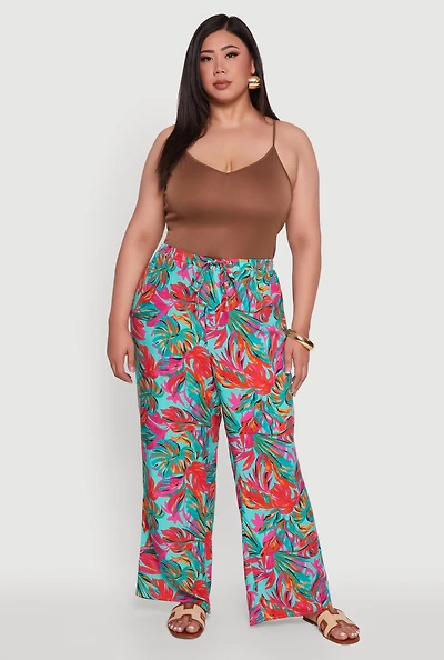 Womens Plus High Waisted Leaf Printed Palazzo Pants, Multi,