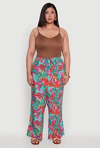 Womens Plus High Waisted Leaf Printed Palazzo Pants, Multi,